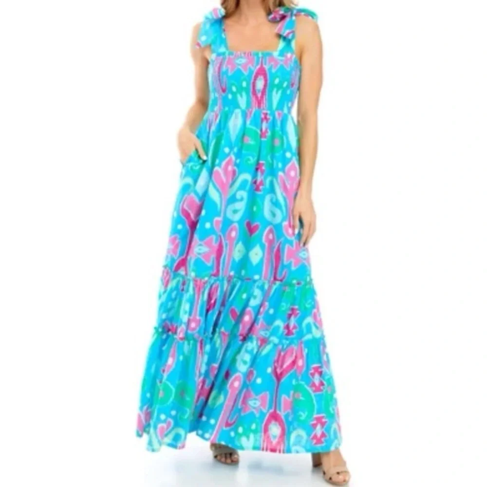 Crown & Ivy Smocked Tiered Maxi Dress Spring Ikat - Picture 1 of 8